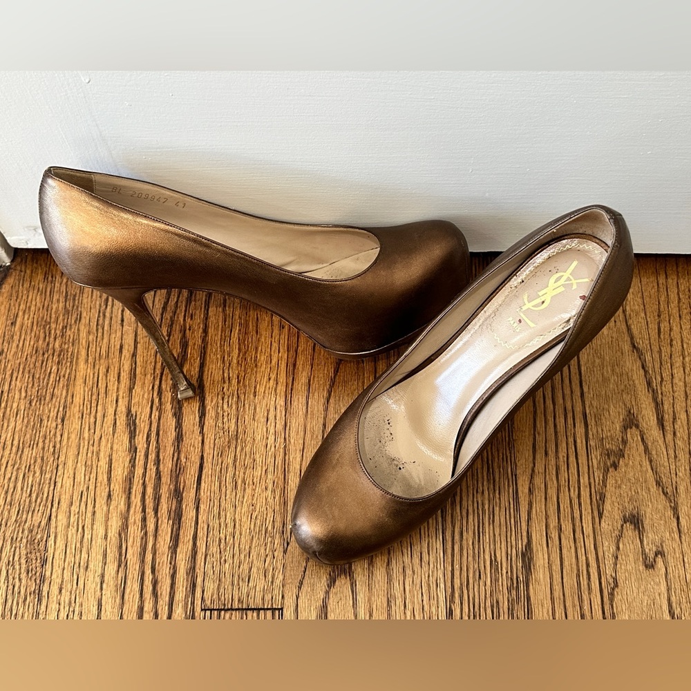 Ysl Yves Saint Laurent bronze leather Tribtoo pumps heels platform shoes - Picture 5 of 14
